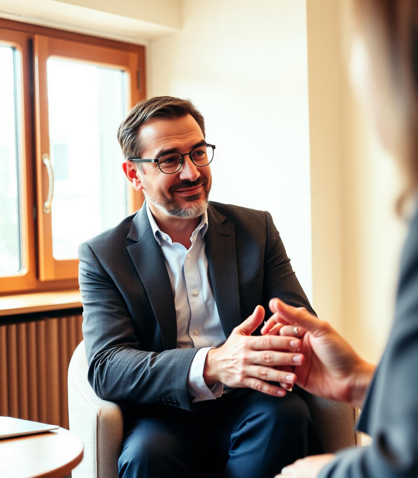 Consulente Assicurazioni Pititto ascolta un cliente in ufficio